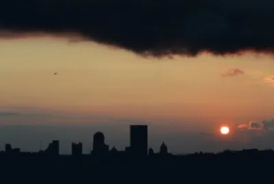 Pittsburgh at sunset with looming storm