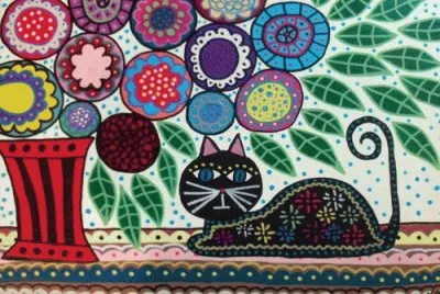 Mexican Folk art Black Cat and Flowers