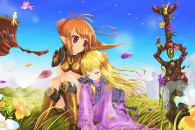 Dibujo animÃ© de mujer y niÃ±a sentadas en el pasto