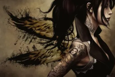Dibujo de mujer con alas y tatuaje