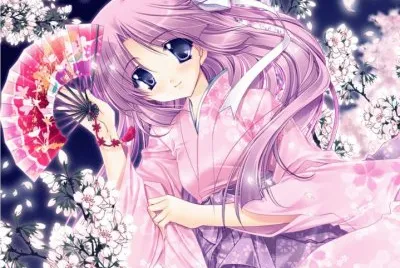 Chica animÃ© con kimono y abanico