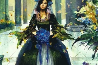 Dibujo de mujer con vestido verde antiguo