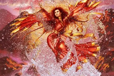 Mujer de vestido rojo bailando con agua