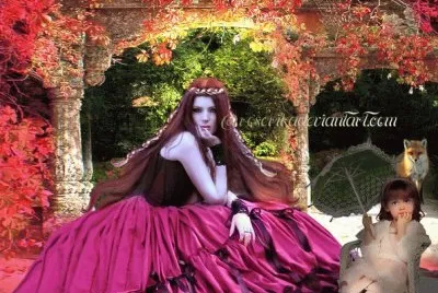 Mujer y niÃ±a en el jardÃ­n con zorro en el fondo