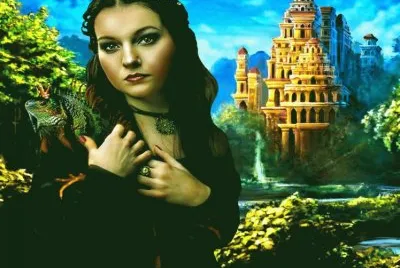 Mujer con iguana y castillo de fondo