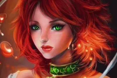 Chica de pelo rojo con collar y ojos verdes
