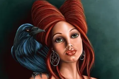 Mujer de pelo rojo con cuervo