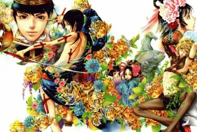 Conjunto de animÃ© entre flores