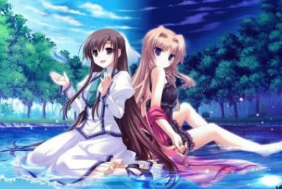 Chicas animÃ© sentadas en el lago