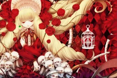 Chica animÃ© de rojo con rosas y calaveras