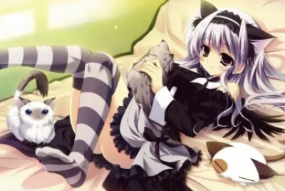 Chica gato animÃ© dark en la cama con gatos
