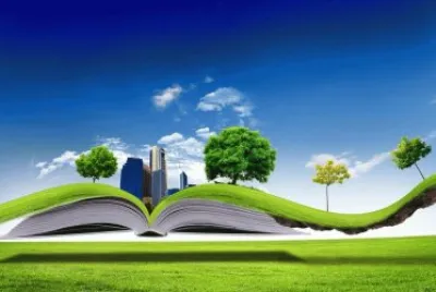 Paisaje fantasÃ­a con edificios, libro y cesped