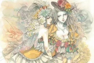 Dibujo de mujeres hadas floreadas en tonos claros