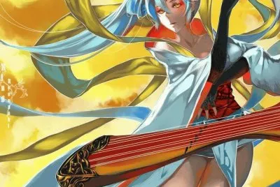 Mujer animÃ© tocando instrumento con fondo amarillo