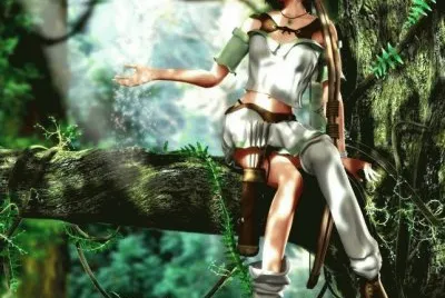 Mujer con arco en el bosque sentada en un Ã¡rbol