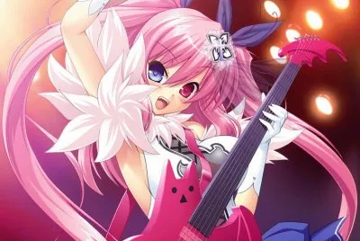 Mujer animÃ© de pelo rosado tocando guitarra