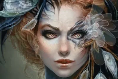 Rostro de mujer con plumas en la cabeza