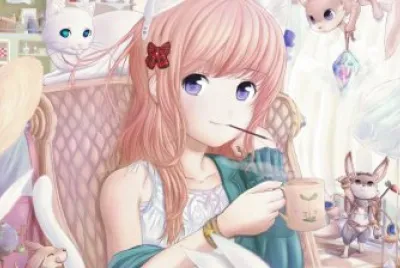 Chica animÃ© tomando el tÃ© con conejo y gatos