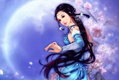 Mujer de azul con flores y luna en el fondo
