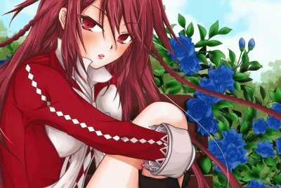 Chica animÃ© sentada al lado de rosas azules
