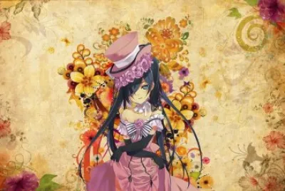 Chica animÃ© con sombrero en fondo floral