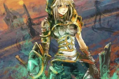 Chica animÃ© guerrera con sombras en el fondo