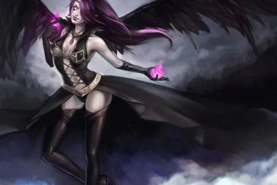 Mujer con alas negras en las nubes