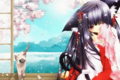 Chica gato animÃ© en la ventana con gato