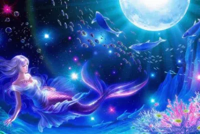 Sirena en el fondo del mar con delfines y luna