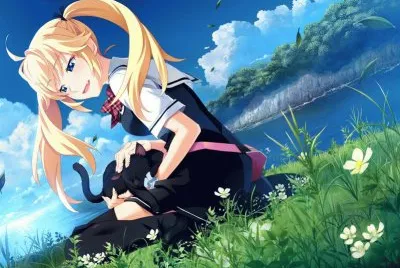 Chica animÃ© sentada al lado del rÃ­o con gato