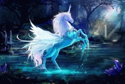 Unicornio en una laguna del bosque