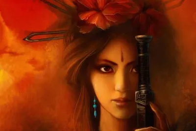 Chica con espada en fondo naranja y rojo