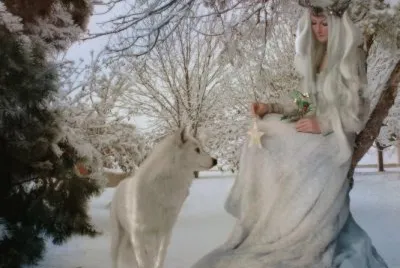 Lobo con mujer vestida de blanco en invierno