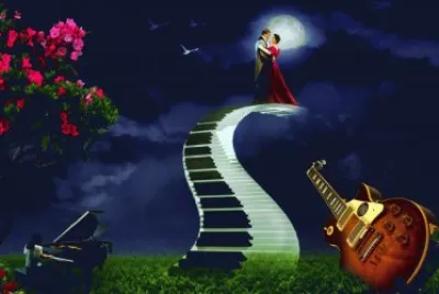 Pareja de enamorados en una escalera de piano
