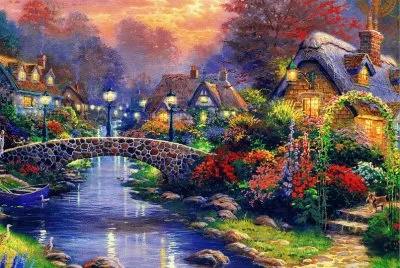 Paisaje colorido de cabaÃ±as y puente
