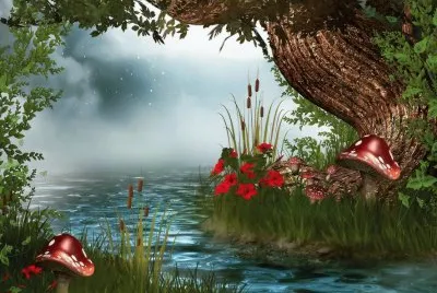 Paisaje con rÃ­o y hongos