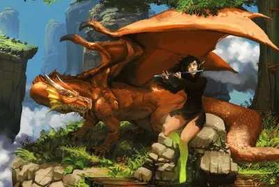 Chico tocando instrumento musical con dragÃ³n