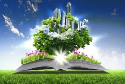 Paisaje digital, ciudad sobre libro