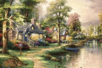 פאזל של Paisaje con casas y rÃ­o