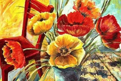 Poppies with Red Chair