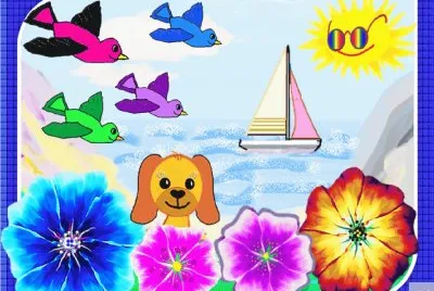 Painted Coastal View - birds, flowers and a dog.