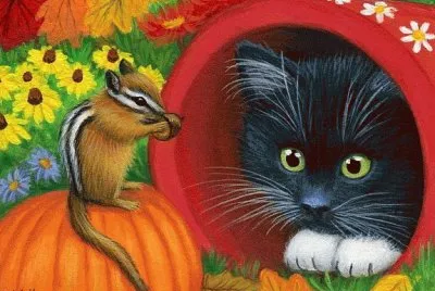 Kitten and Chipmunk in Fall Garden