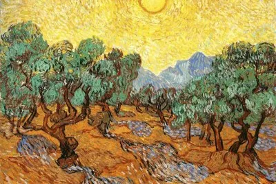 Olive Trees with Yellow Sky and Sun 1889 Van Gogh