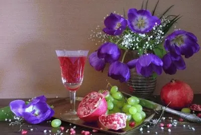 Tulips, Pomegranate, Grapes   Wine