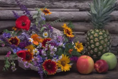 Flowers, Pineapple and Fruit-Still Life