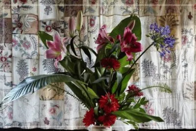 Floral Arrangement Against Textile Backdrop
