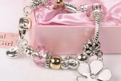 Silver and Pink Charm Bracelet -Flower Girl Gift