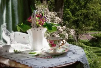 Pretty Tea Cup and Flowers in Fall Garden-Still Life
