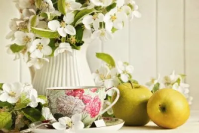 Gorgeous Flowers, Apples and Tea