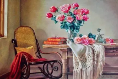 פאזל של bodegon flores y mecedora